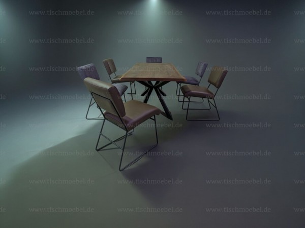 Tisch Nussbaum mit Baumkante mit 6 Echtleder Stühlen Nevada