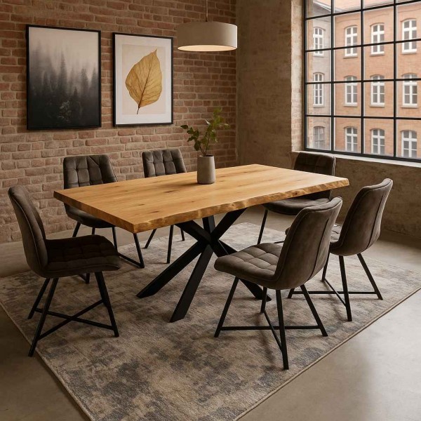 loft-esstisch-wildeiche-mit-schwarzstahl-spiderfuss-und-veloursstuehlen