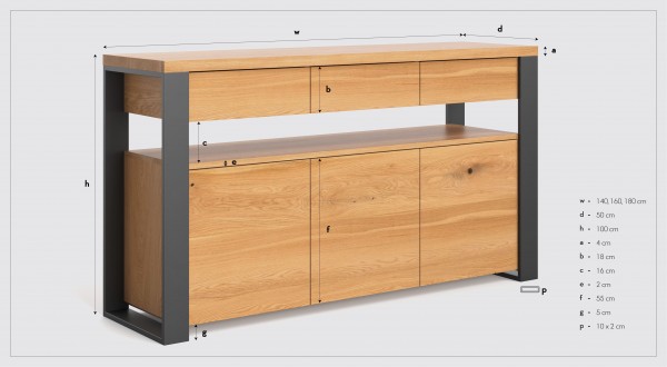 Sideboard in 180x100x50cm Erle - industrial design - maße