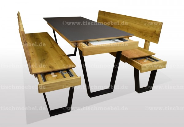 ausziehtisch nach mass mit Sitzbank aus Wildeiche massiv und Keramik schwarzstahlprofilen min