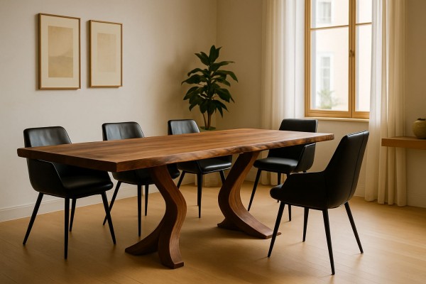 „Nussbaum Esstisch mit Baumkante 220×110×76 cm – Linie Exklusiv, skulpturales Untergestell“