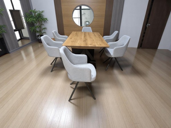 Designer Esszimmertisch Wildeiche ausziehbar - mit sechs Designer Stühlen