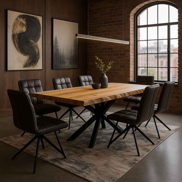 loft-esstisch-wildeiche-mit-schwarzstahl-spiderfuss-und-schwarzen-lederstuehlen