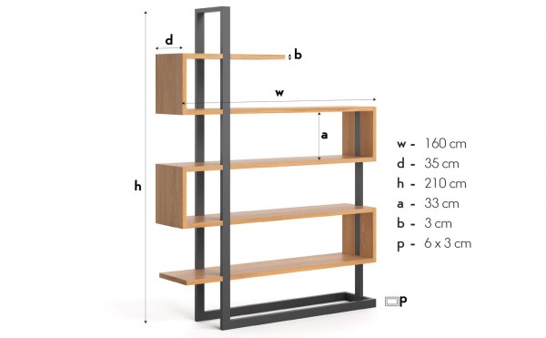 Loftregal 210x160x35cm Eiche massiv - Stahl - Maße