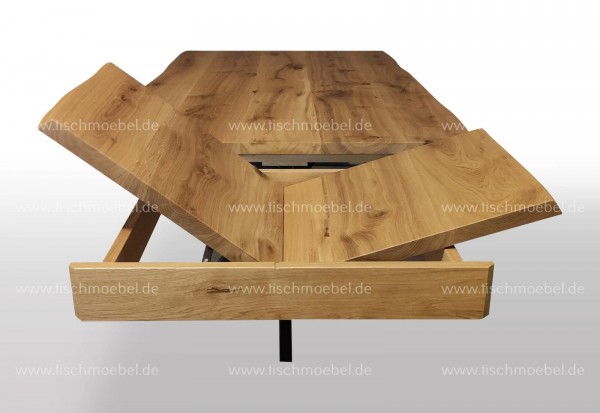 Designer Holztisch ausziehbar auf Spider Tischgestell schwarzstahl Kopfauszug Funktion Kopfansicht 170x110cm