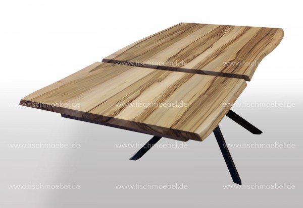 Tisch mit Baumkante Amberbaum ausziehbar 300x90cm auf Spider Tischgestell