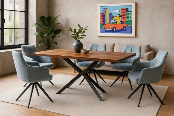 moderner-loft-esstisch-nussbaum-schweizerkante-mit-hellblauen-veloursstuehlen