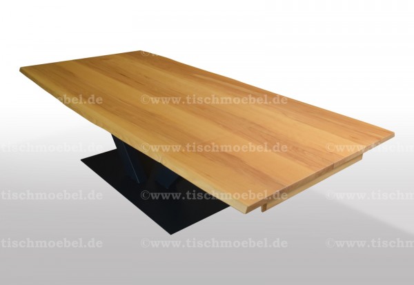 Esstisch mit Naturkante aus Kernbuche 230x120 auf V - Untergestell