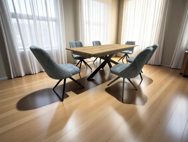 Designer Holztisch Wildeiche ausziehbar - mit sechs Designer Stühlen