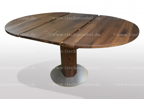 Kuechentisch rund Nussbaum ausziehbar auf Edelstahl Fußplatte