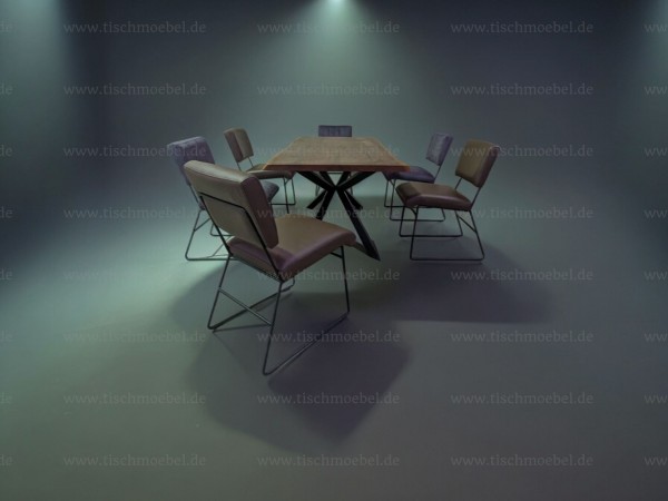 Baumtisch Nussbaum massiv mit 6 Echtleder Stühlen Nevada
