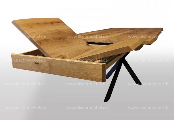 Designer Tisch Esche mit Baumkante ausziehbar auf Kreuzgestell Klappeinlage Kopfauszug 230x90cm