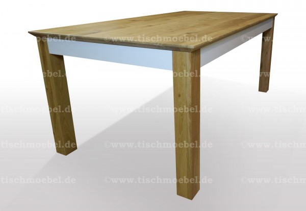 Ausziehtisch nach mass aus Wildeiche mit abgeschraegter Tischplatte Zarge  weiss