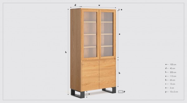 moderne Vitrine 200 x 100 x 45 cm Eiche massiv - industrial design - masse