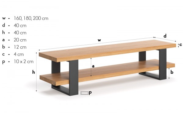 schlichter TV - Board Esche massiv 160x40x40 cm - Maße