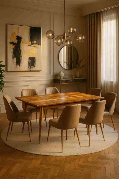 modern-glam-esszimmer-amberbaum-tisch-messing-details-taupe-lederstuehle