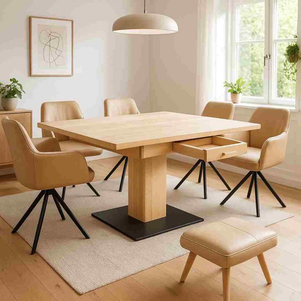 birke-saeulentisch-holz-auszugskasten-schublade-mit-klappeinlage-schwarzstahl-fussplatte-beige-lederstuehle-skandinavisches-esszimmer