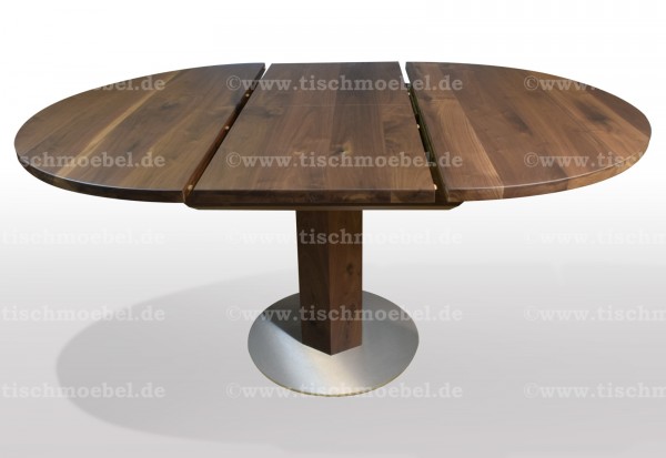 Esszimmertisch rund Nussbaum ausziehbar auf Edelstahl Fussplatte
