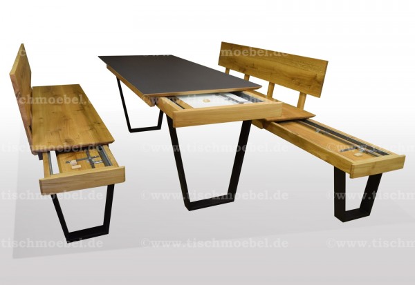 esstisch mit Sitzbank Wildeiche massiv und Keramik ausziehbar auf schwarzstahlprofilen min
