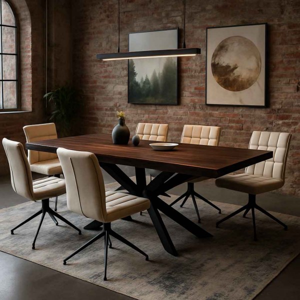 loft-esstisch-dunkel-nussbaum-mit-schwarzstahl-spiderfuss-und-hellen-lederstuehlen