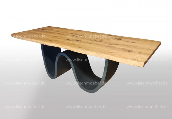Küchentisch mit Naturkante Wildeiche 200x90 auf Wave Tischuntergestell