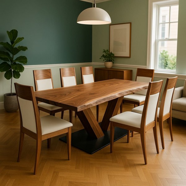 baumtisch-nussbaum-mit-Holzstuhlen-modern