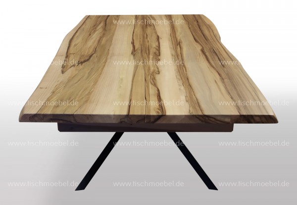 Designer Massivholztisch Amberbaum ausziehbar 240 x 100cm mit Naturkante auf Spider Tischgestell